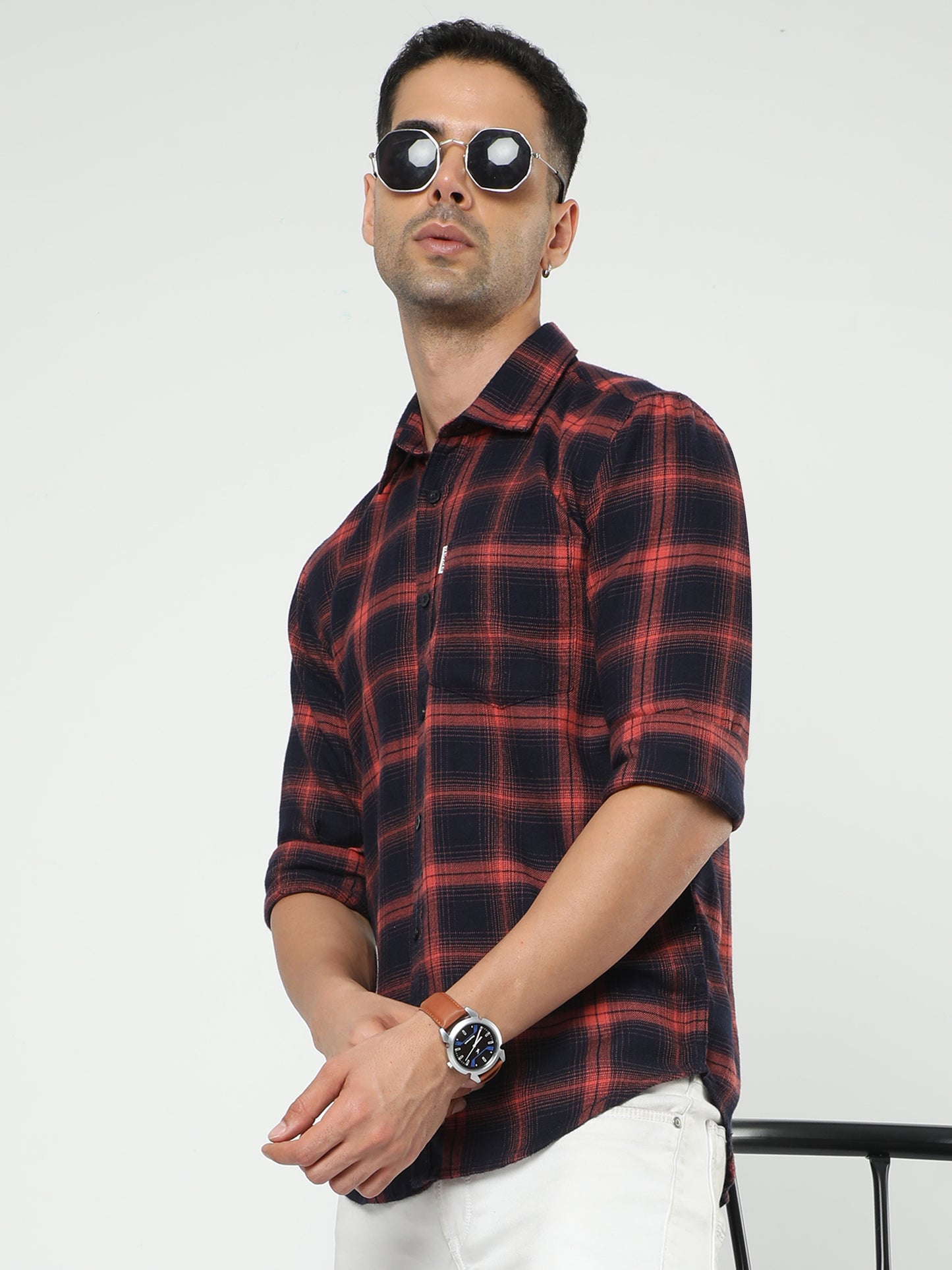 Men's Navy Blue And Dusty Red Check Shirt