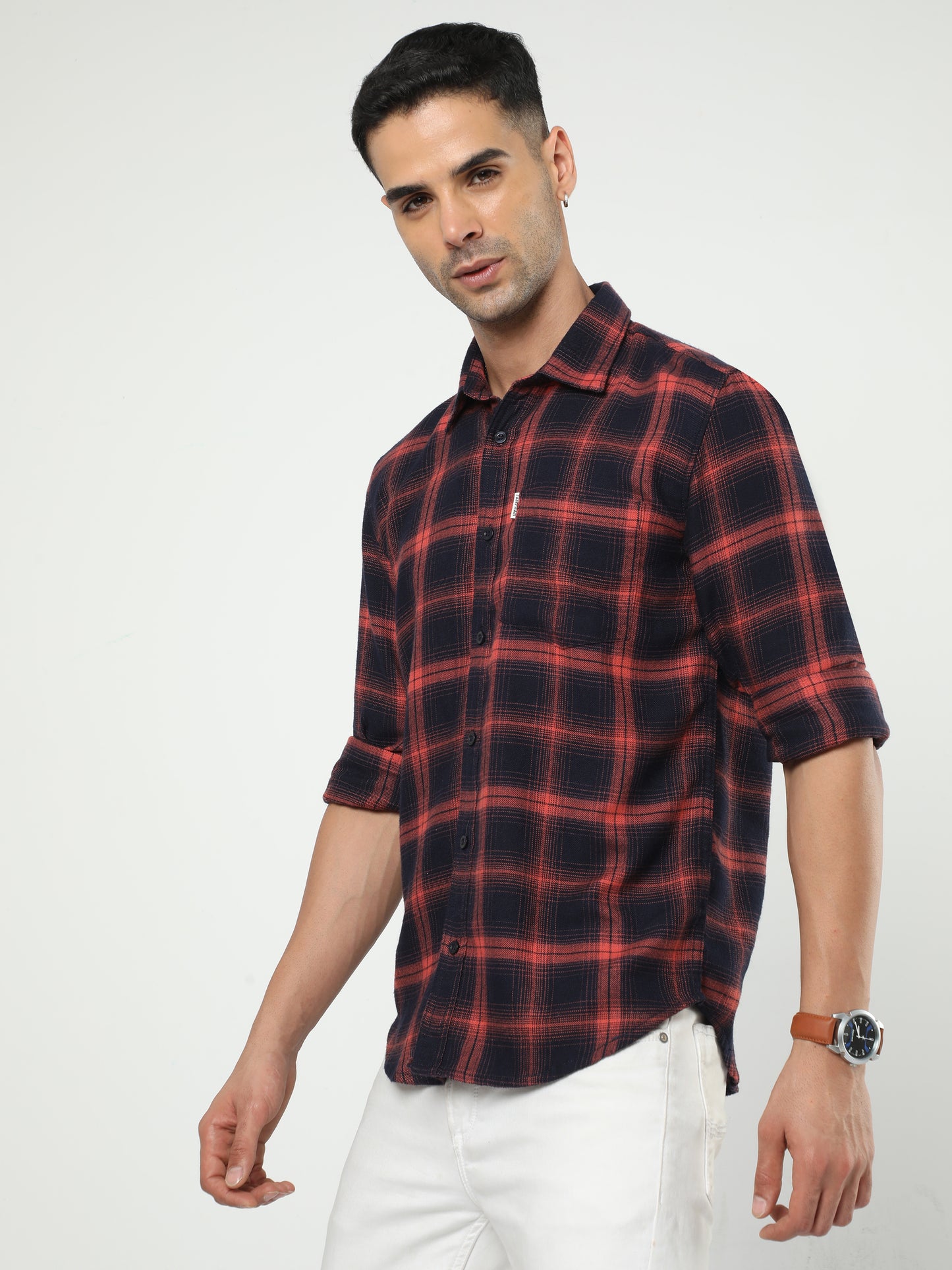 Men's Navy Blue And Dusty Red Check Shirt