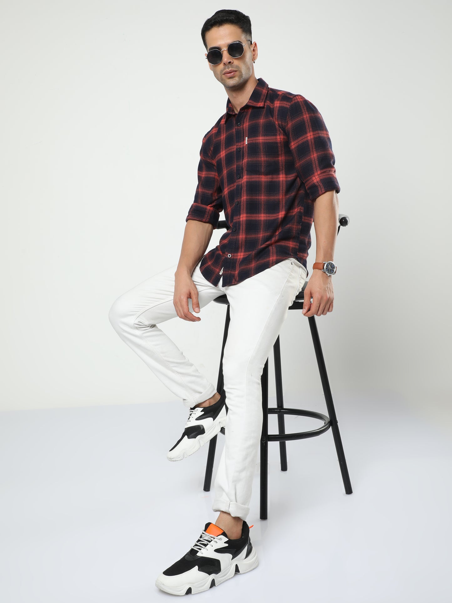 Men's Navy Blue And Dusty Red Check Shirt
