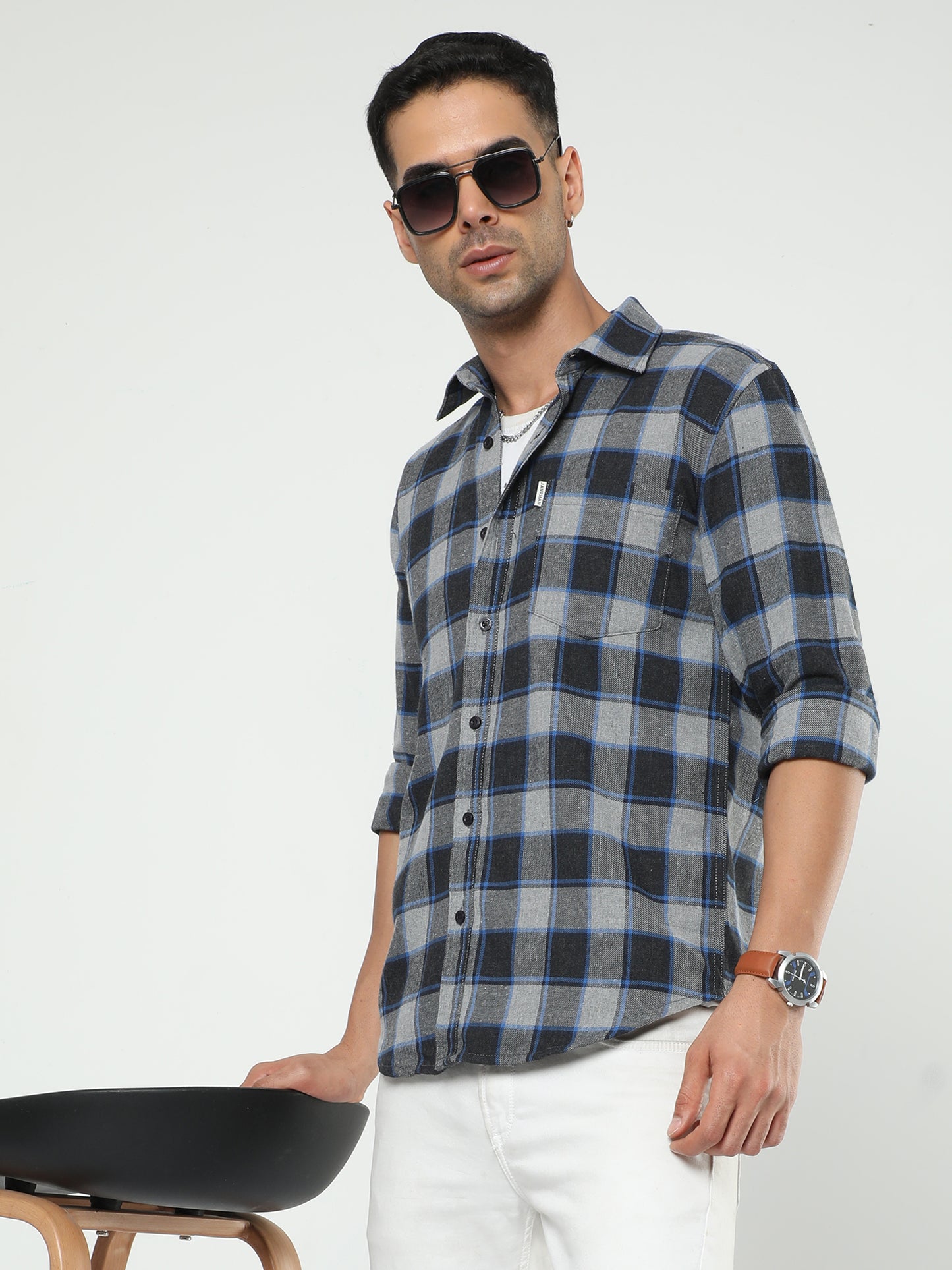 Men's Ash Grey And Dark Grey Check Shirt