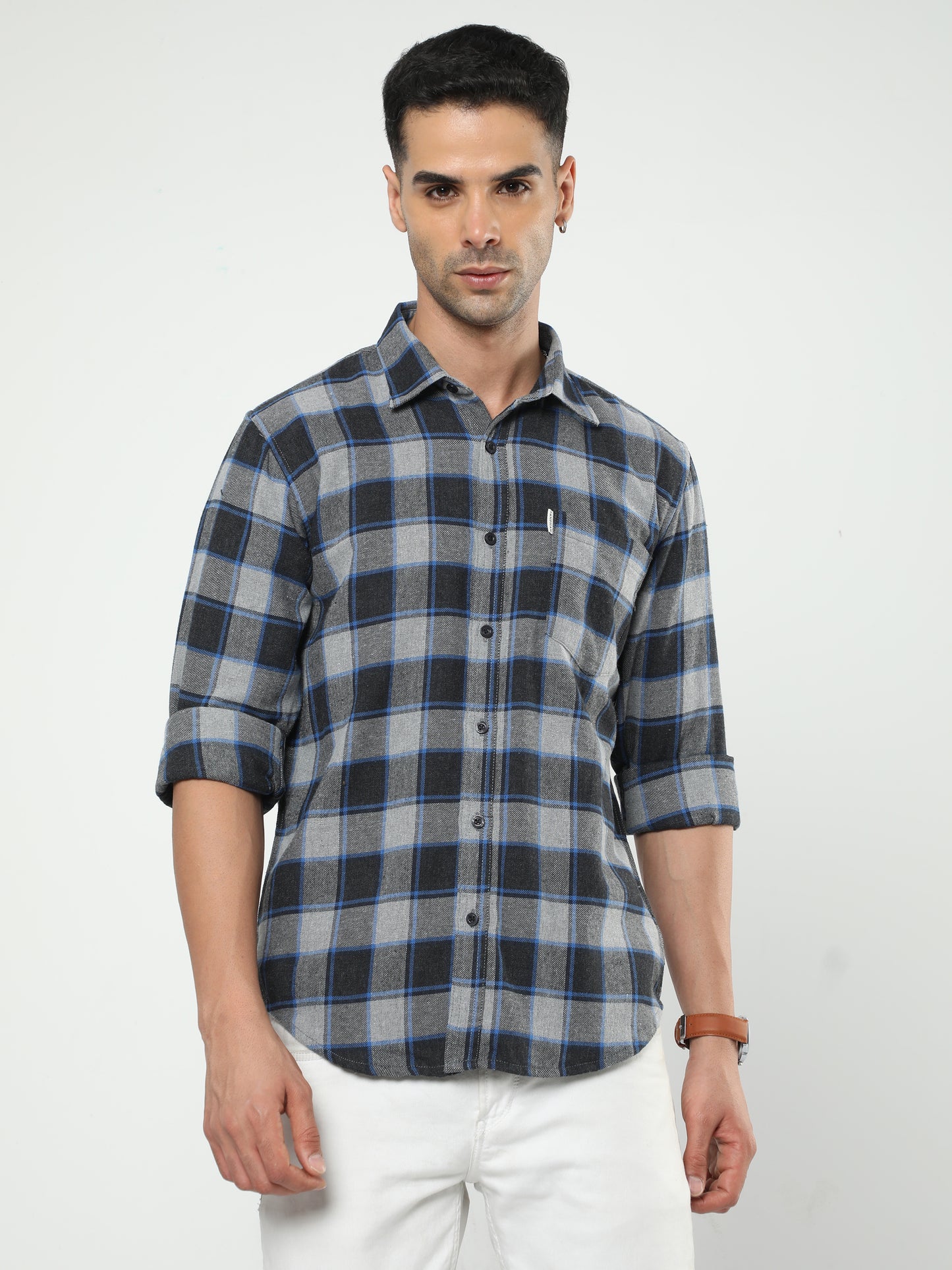 Men's Ash Grey And Dark Grey Check Shirt