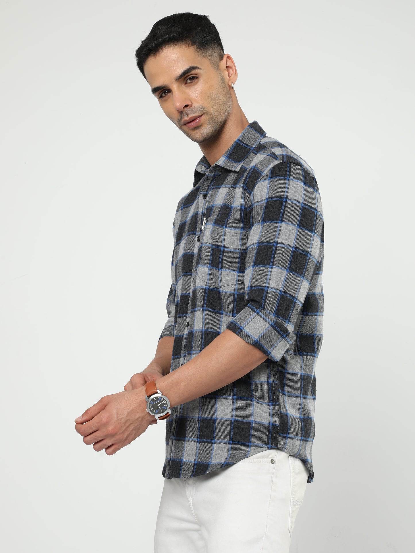 Men's Ash Grey And Dark Grey Check Shirt