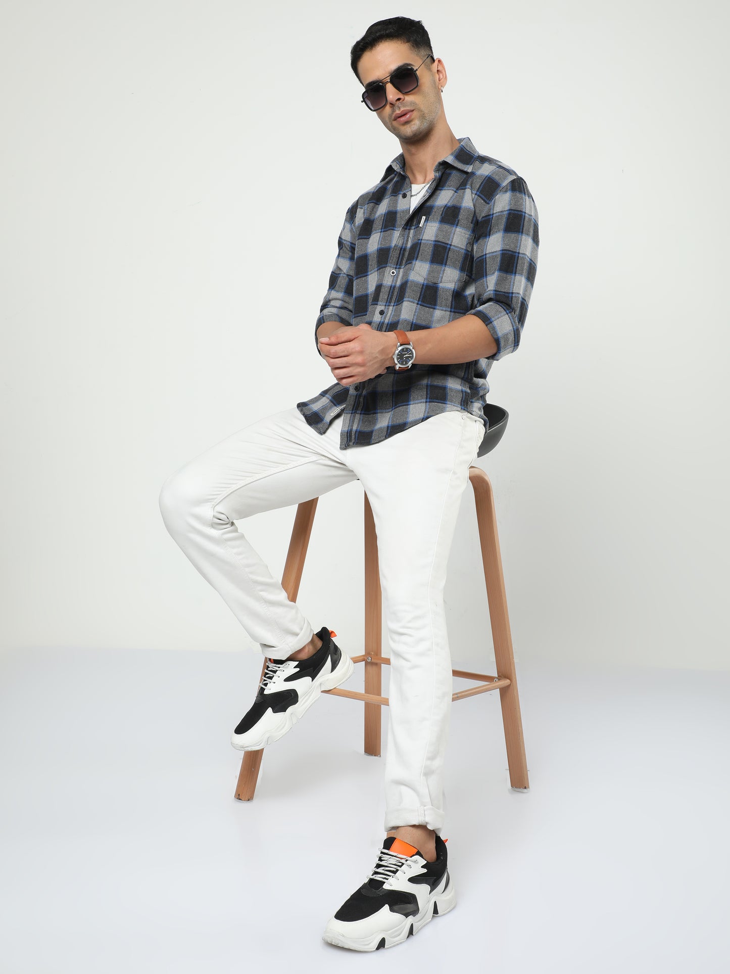 Men's Ash Grey And Dark Grey Check Shirt