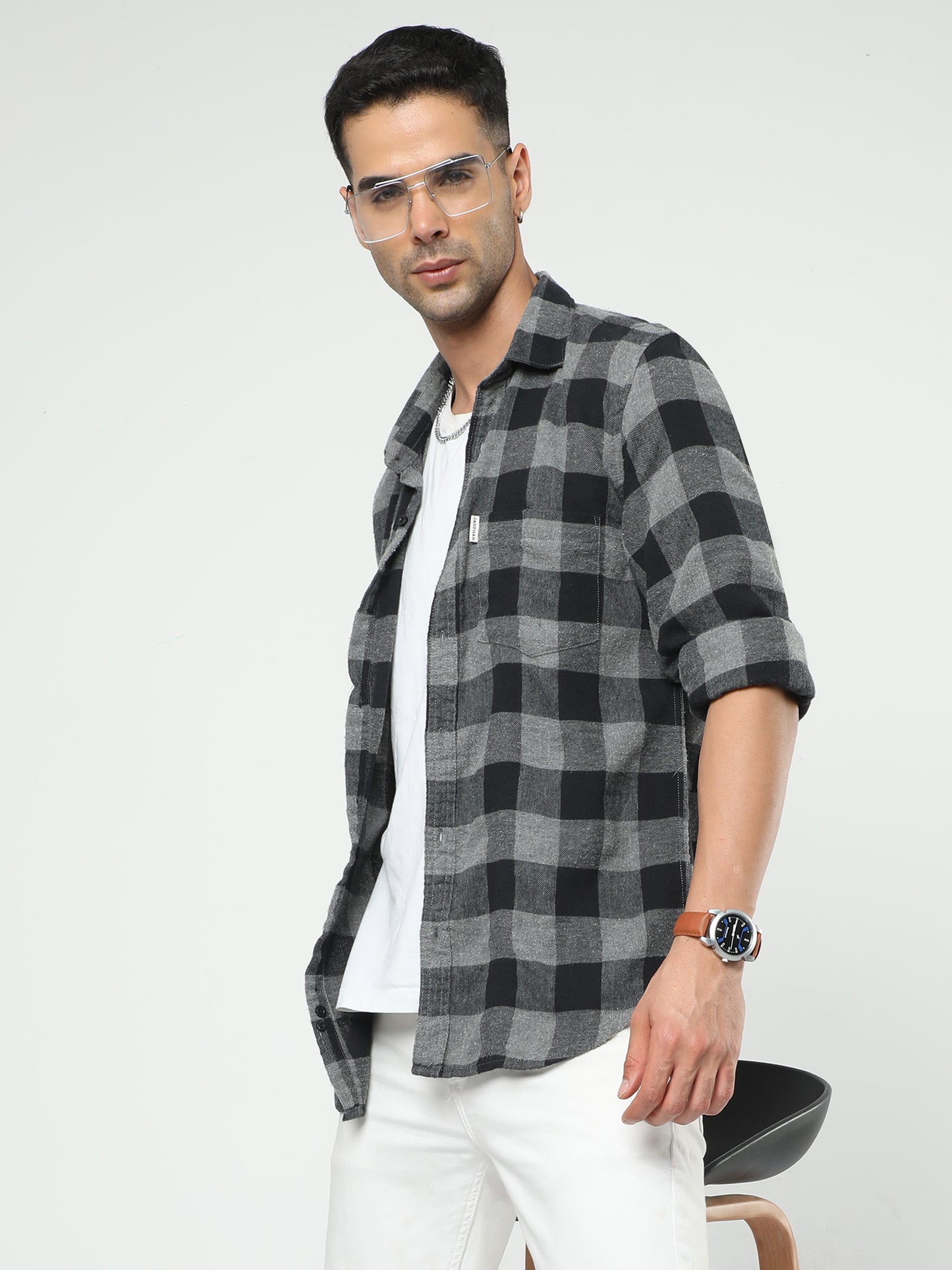 Men's Grey And Black Check Shirt