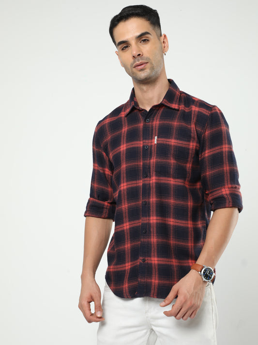 Men's Navy Blue And Dusty Red Check Shirt