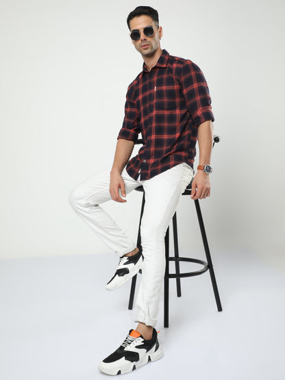 Men's Navy Blue And Dusty Red Check Shirt