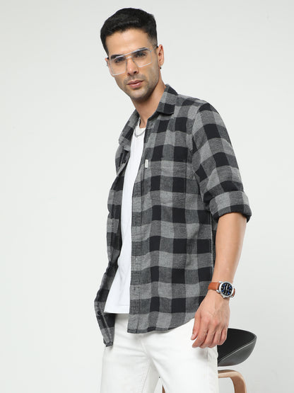 Men's Grey And Black Check Shirt
